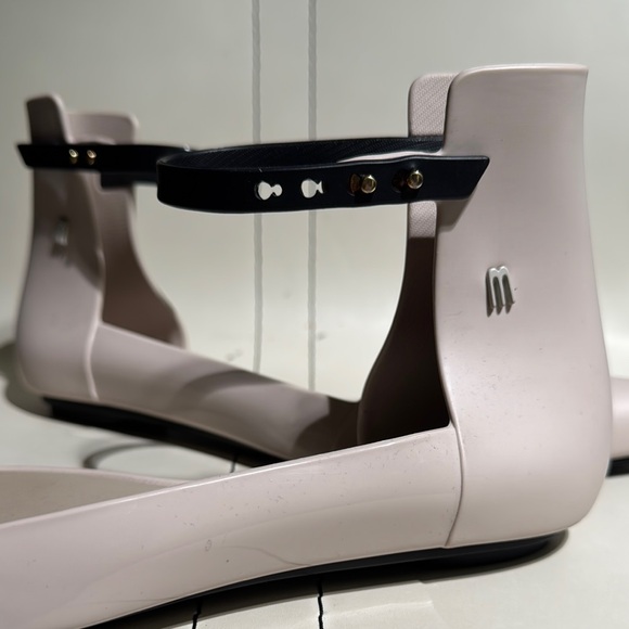 Melissa Cream and Black Flats with Pointed Toe and Ankle Strap - Picture 5 of 6